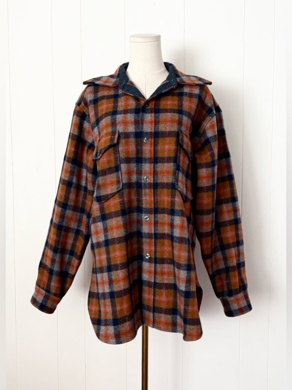 Vintage Pendleton Plaid Shacket Orange Grey Navy Virgin Wool Men’s 1970s Large